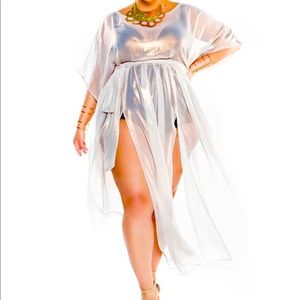 Metallic Cap Sleeved Sheer Poolside Maxi Dress